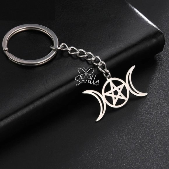 Stainless Steel Pagan Triple Moon Star Key Chain Silver - Picture 4 of 5